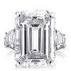 Three Stone Emerald Cut and Trillion Cut Engagement Ring in Rhodium Plated Sterling Silver