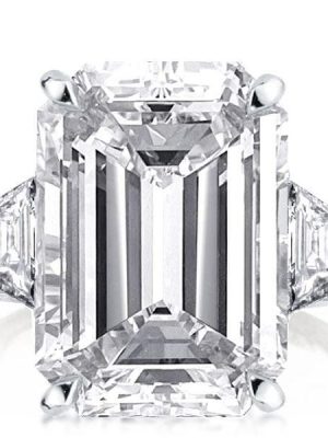 Three Stone Emerald Cut and Trillion Cut Engagement Ring in Rhodium Plated Sterling Silver