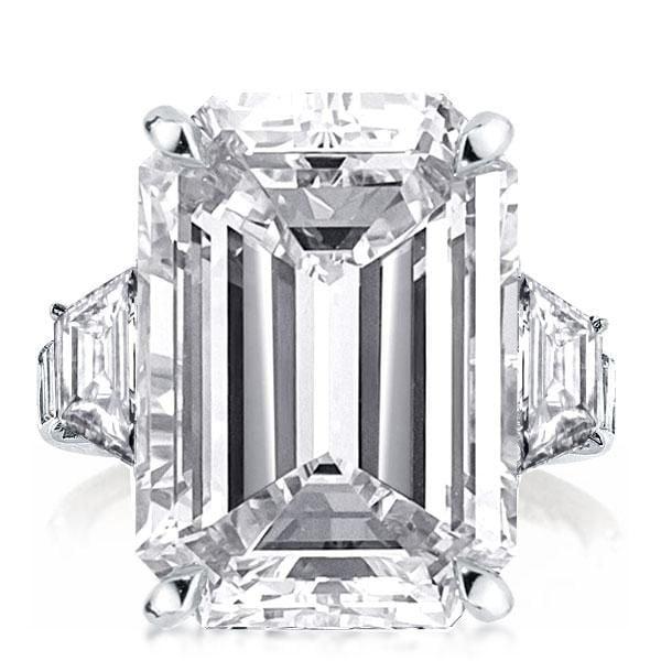 Three Stone Emerald Cut and Trillion Cut Engagement Ring in Rhodium Plated Sterling Silver