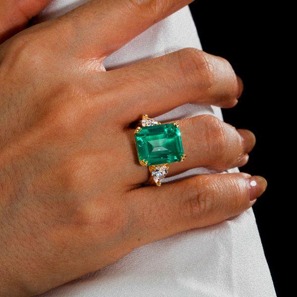 Three Stone Emerald Engagement Ring, 11.26 CT, 18K Gold Plated Sterling Silver