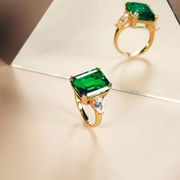 Three Stone Emerald Engagement Ring, 11.26 CT, 18K Gold Plated Sterling Silver