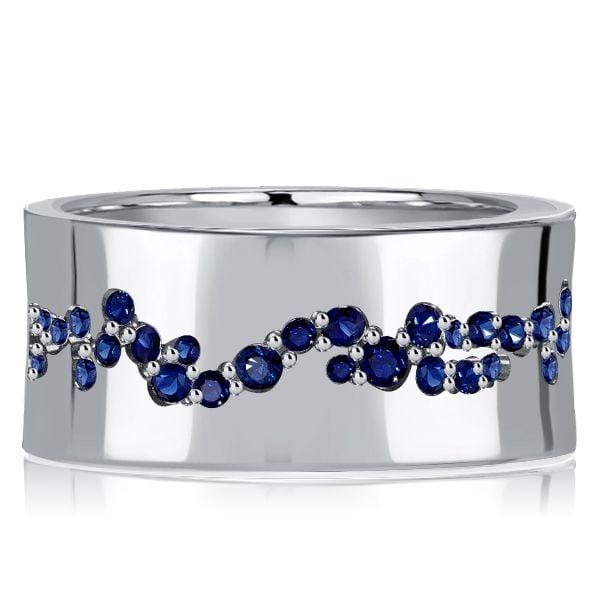 Blue Sapphire Wide Eternity Wedding Band Flush Setting Sterling Silver