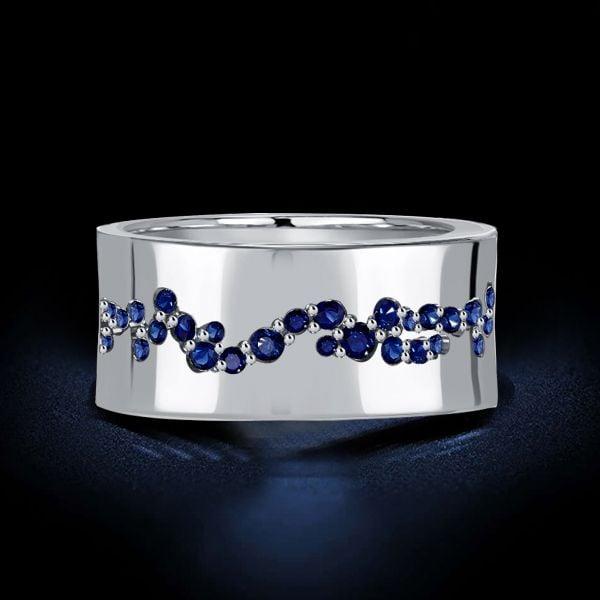 Blue Sapphire Wide Eternity Wedding Band Flush Setting Sterling Silver