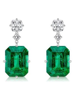 Emerald Cut Emerald & Sapphire Drop Earrings - Sterling Silver