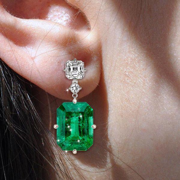 Emerald Cut Emerald & Sapphire Drop Earrings - Sterling Silver