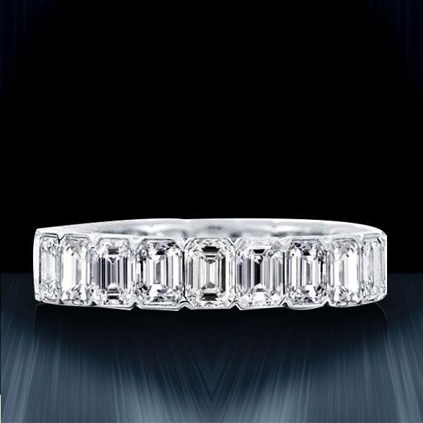 Emerald & White Sapphire Eternity Wedding Band - Sterling Silver Bezel Set