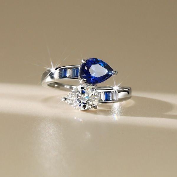 Pear Cut Toi Et Moi Ring with Blue Sapphire and Sterling Silver Setting