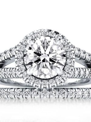 Halo Created White Sapphire Bridal Set with Split Shank Band in Sterling Silver