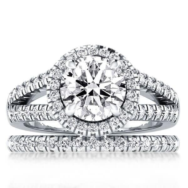 Halo Created White Sapphire Bridal Set with Split Shank Band in Sterling Silver