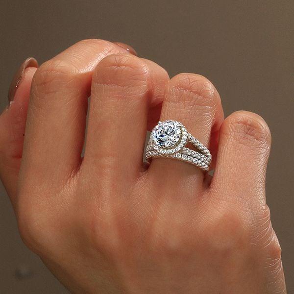 Halo Created White Sapphire Bridal Set with Split Shank Band in Sterling Silver