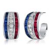 Blue Sapphire & Ruby Triple Row Hoop Earrings in Sterling Silver