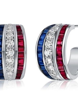 Blue Sapphire & Ruby Triple Row Hoop Earrings in Sterling Silver