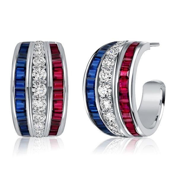Blue Sapphire & Ruby Triple Row Hoop Earrings in Sterling Silver