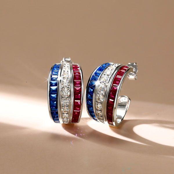 Blue Sapphire & Ruby Triple Row Hoop Earrings in Sterling Silver