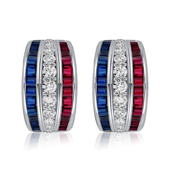 Blue Sapphire & Ruby Triple Row Hoop Earrings in Sterling Silver