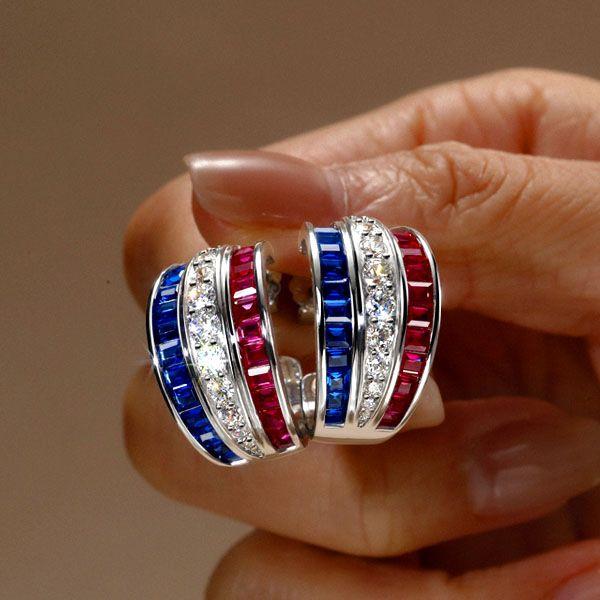 Blue Sapphire & Ruby Triple Row Hoop Earrings in Sterling Silver