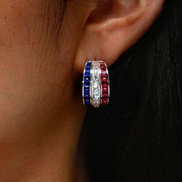 Blue Sapphire & Ruby Triple Row Hoop Earrings in Sterling Silver