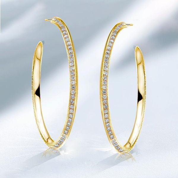 18K Gold Plated Sterling Silver Round Cut Hoop Earrings with Pavé Stones for Women