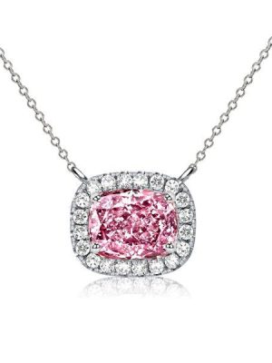 Cushion Cut Pink Stone Halo Pendant Necklace - Sterling Silver