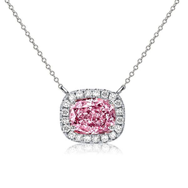 Cushion Cut Pink Stone Halo Pendant Necklace - Sterling Silver