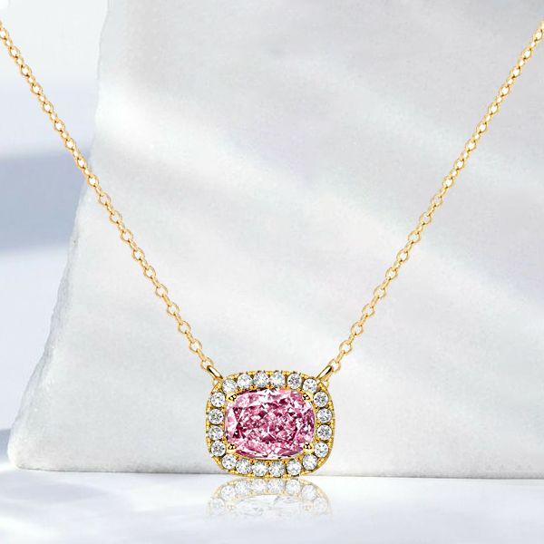 Cushion Cut Pink Stone Halo Pendant Necklace - Sterling Silver