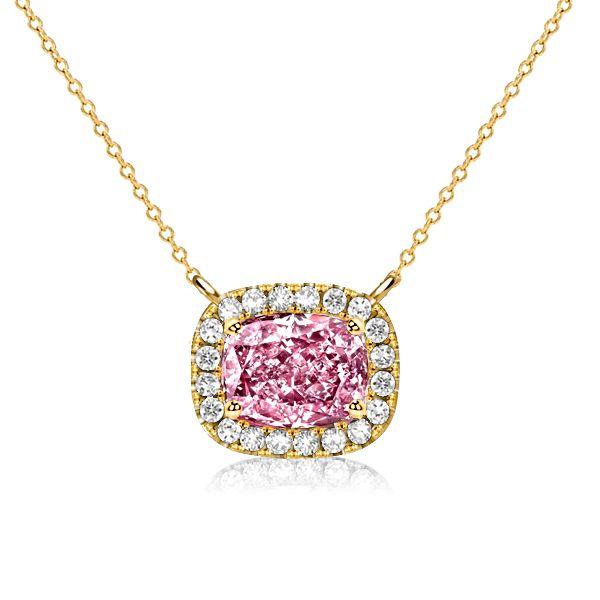 Cushion Cut Pink Stone Halo Pendant Necklace - Sterling Silver