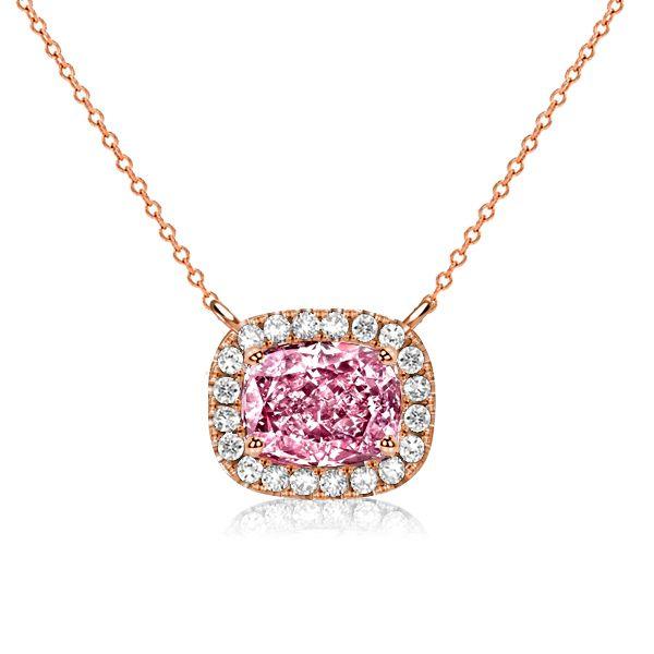 Cushion Cut Pink Stone Halo Pendant Necklace - Sterling Silver