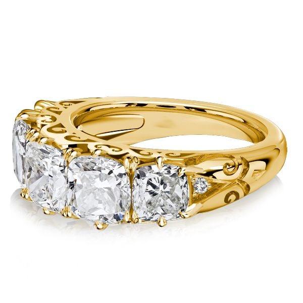 5 Stone Cushion Cut Half Eternity Band Anniversary Ring, 18K Gold Plated Sterling Silver
