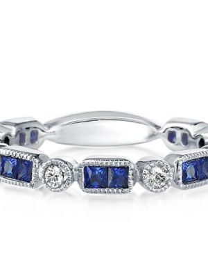 Vintage Milgrain Sterling Silver Wedding Band with Created Sapphire