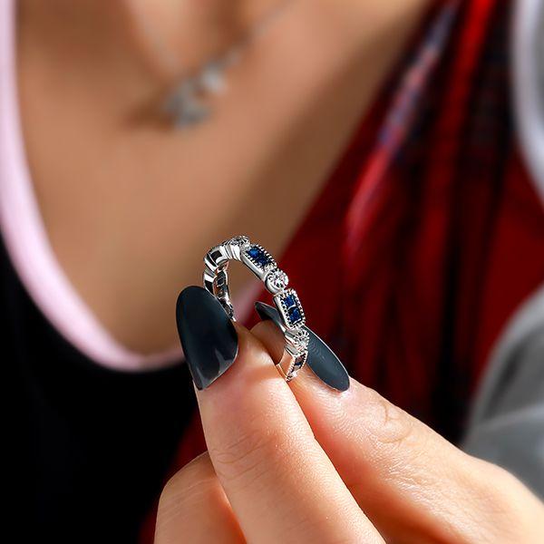 Vintage Milgrain Sterling Silver Wedding Band with Created Sapphire