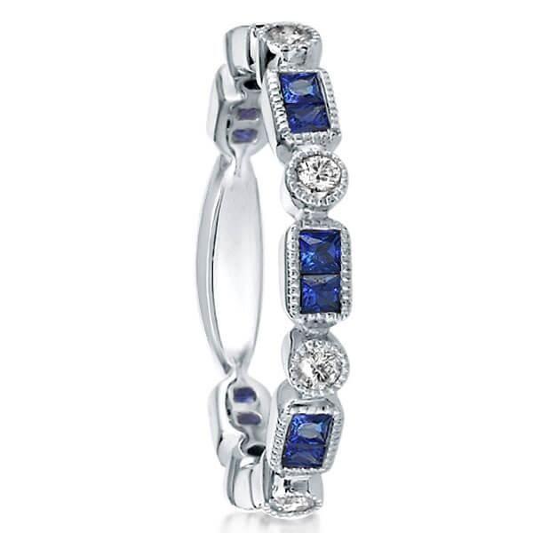 Vintage Milgrain Sterling Silver Wedding Band with Created Sapphire