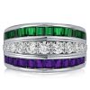 Triple Row Amethyst and Emerald Green Wedding Band in Rhodium Plated Sterling Silver