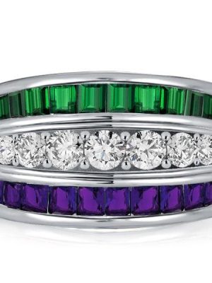 Triple Row Amethyst and Emerald Green Wedding Band in Rhodium Plated Sterling Silver