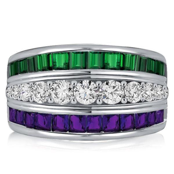 Triple Row Amethyst and Emerald Green Wedding Band in Rhodium Plated Sterling Silver