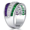 Triple Row Amethyst and Emerald Green Wedding Band in Rhodium Plated Sterling Silver