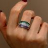 Triple Row Amethyst and Emerald Green Wedding Band in Rhodium Plated Sterling Silver