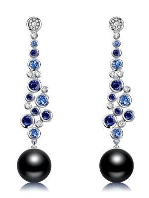 Sterling Silver Blue and Black Pearl Drop Earrings with Rhodium Finish