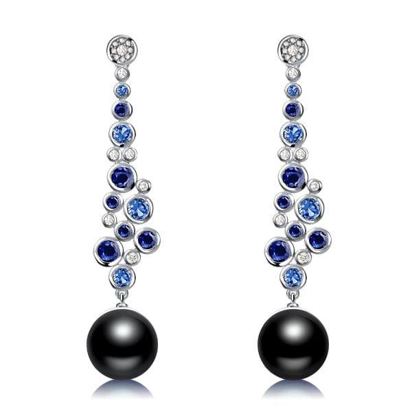 Sterling Silver Blue and Black Pearl Drop Earrings with Rhodium Finish