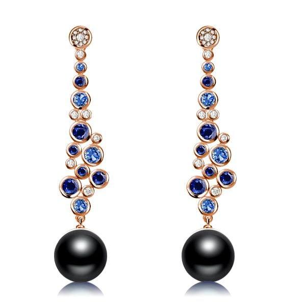 Sterling Silver Blue and Black Pearl Drop Earrings with Rhodium Finish