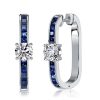 Princess Cut Blue Hoop Earrings Sterling Silver - Rhodium Plated