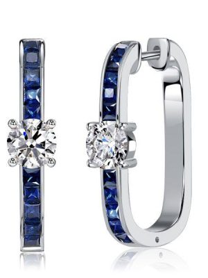 Princess Cut Blue Hoop Earrings Sterling Silver - Rhodium Plated