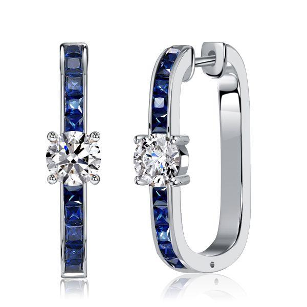 Princess Cut Blue Hoop Earrings Sterling Silver - Rhodium Plated