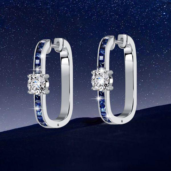 Princess Cut Blue Hoop Earrings Sterling Silver - Rhodium Plated