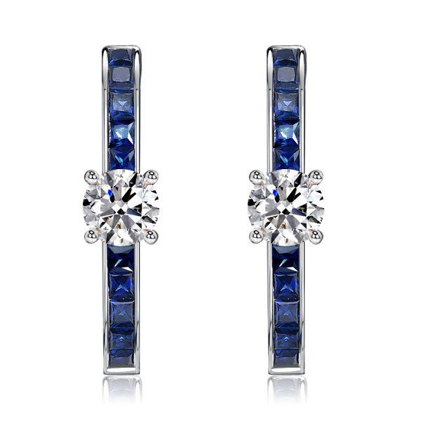 Princess Cut Blue Hoop Earrings Sterling Silver - Rhodium Plated