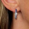 Princess Cut Blue Hoop Earrings Sterling Silver - Rhodium Plated