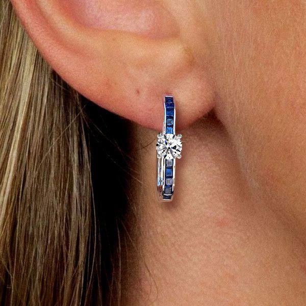 Princess Cut Blue Hoop Earrings Sterling Silver - Rhodium Plated