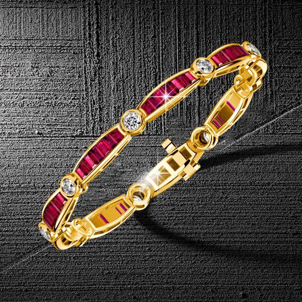 Baguette Ruby Bracelet - 18K Gold Plated Sterling Silver Bezel Setting - Wedding Jewelry