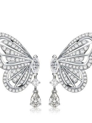 Sterling Silver Drop Earrings with White Sapphire Butterfly Dangle for Women