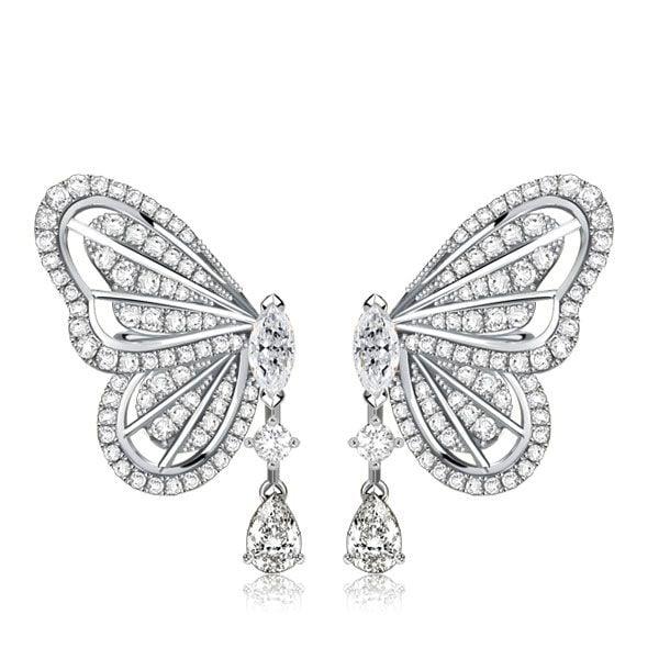 Sterling Silver Drop Earrings with White Sapphire Butterfly Dangle for Women