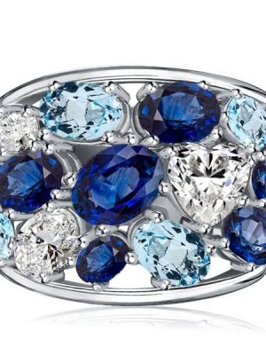 Oval Cut Blue Sapphire and Aquamarine Wedding Band in 925 Sterling Silver